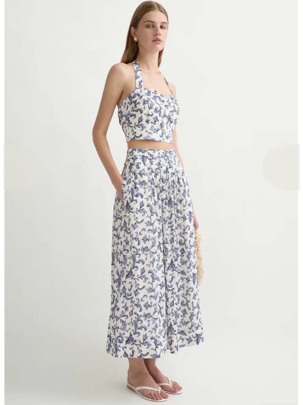 NWOT POSSE Blue Cropped Pleated Printed Linen and Silk-Blend Haltered Neck SZ S